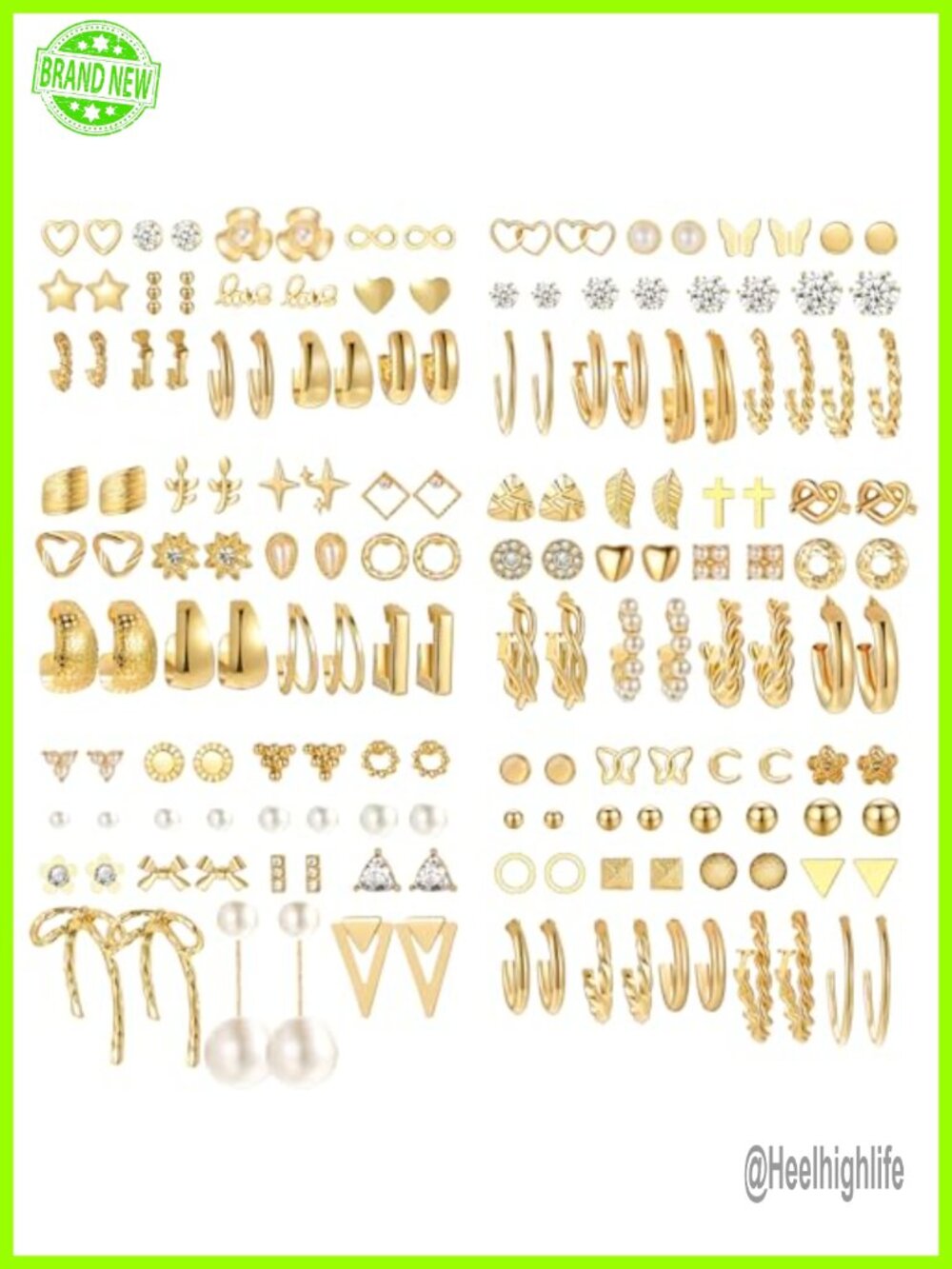 82 Pairs Gold Plated Hypoallergenic Stud Hoop Earrings Set Pearl Bow Women